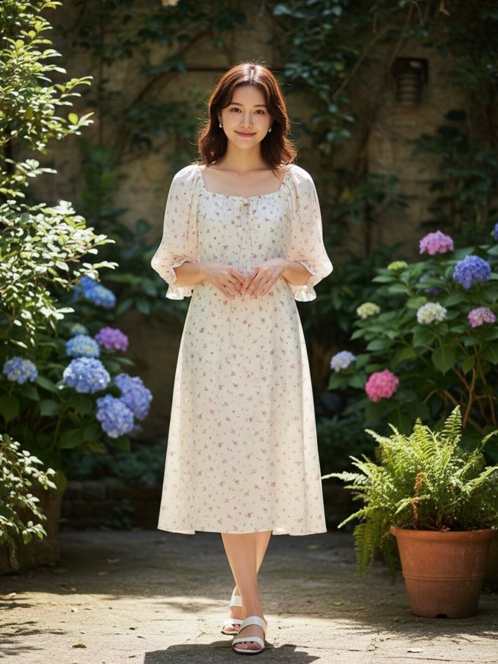 Roolee Floral Cottagecore Midi Dress Large White Pink Puff Sleeve Prairie Dress